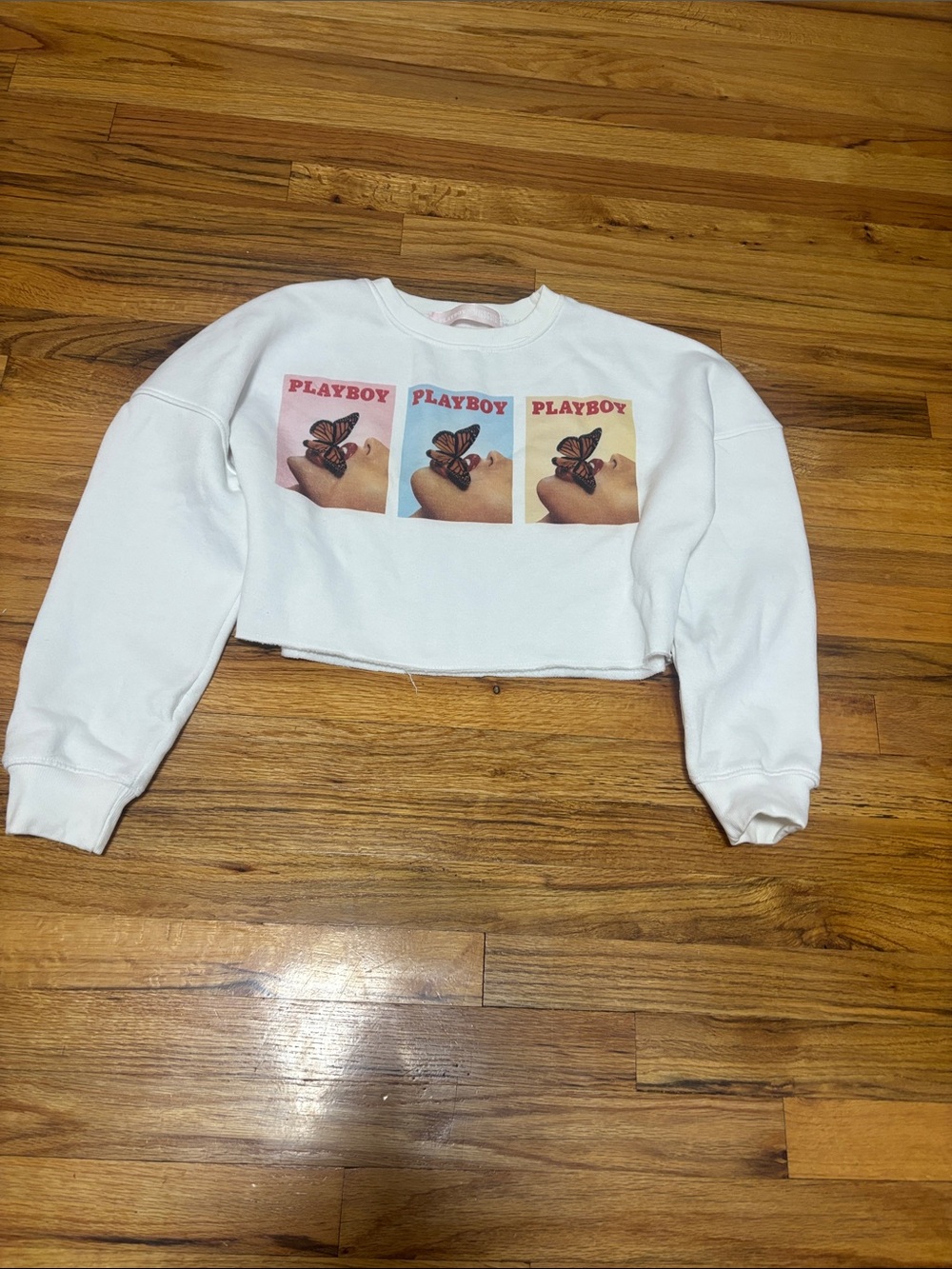 Missguided White Cropped Sweatshirt with Triple Playboy Graphic